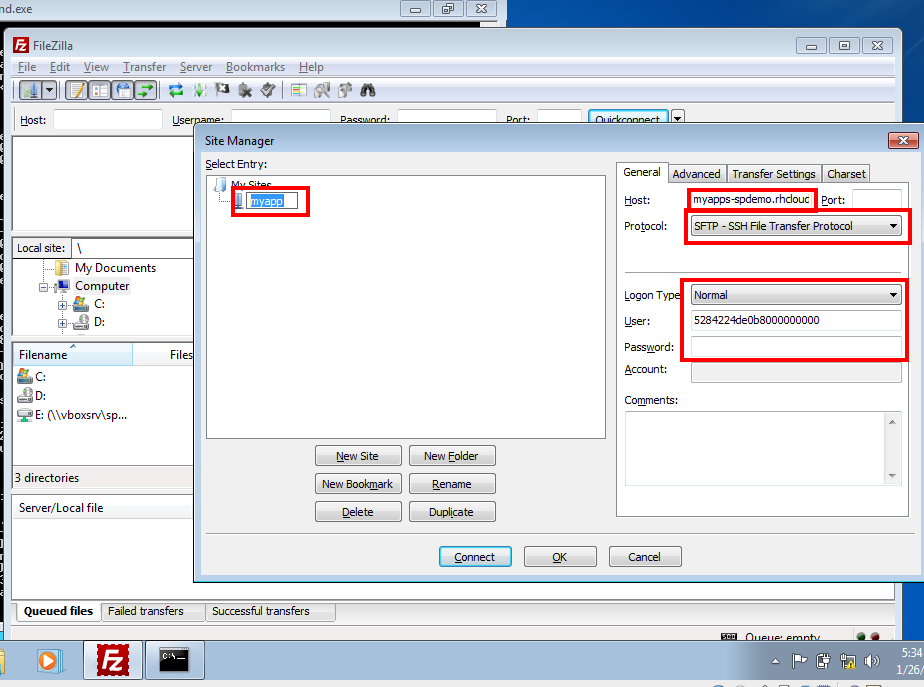 setting up the dialog for SFTP filezilla picture